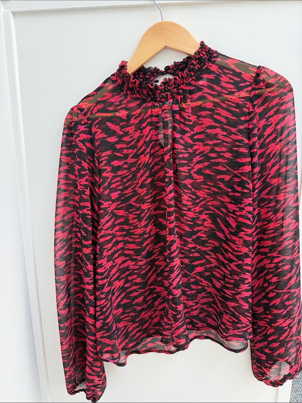 Allison Joy Black Sheer Blouse with Pink Abstract Print